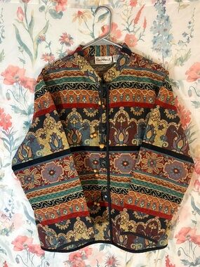 Vintage Flashback Multicolor Patterned Bomber Jacket - Navy, Red & Teal
